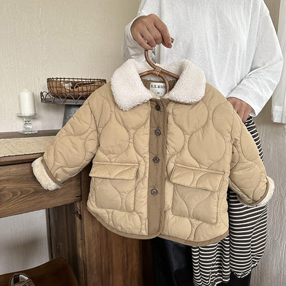 Manteau en coton épais avec col en fourrure d'agneau et doublure polaire