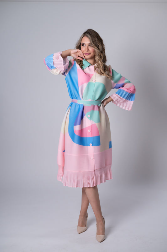 Plissiertes Pastell-Midikleid mit Gürtel