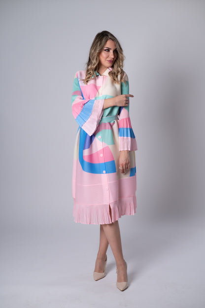 Plissiertes Pastell-Midikleid mit Gürtel