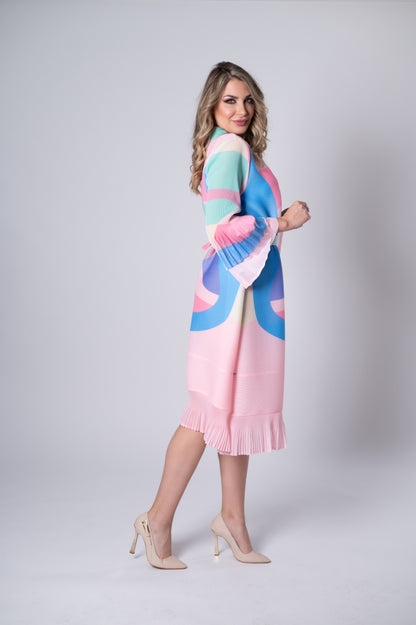Plissiertes Pastell-Midikleid mit Gürtel