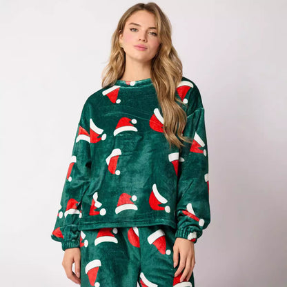 **Damen Flanell-Pyjama Set 2025: 2-teilig, Langarm, Santa Claus Design**