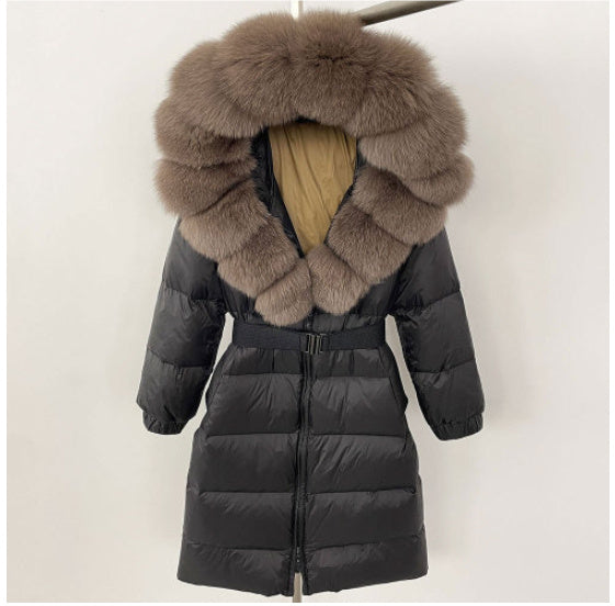 Manteau long à capuche et col en vraie fourrure de renard pour femme