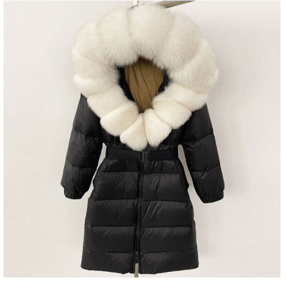 Manteau long à capuche et col en vraie fourrure de renard pour femme