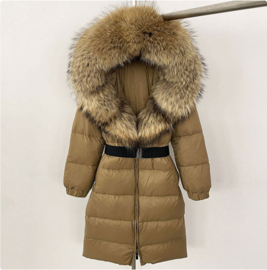 Manteau long à capuche et col en vraie fourrure de renard pour femme