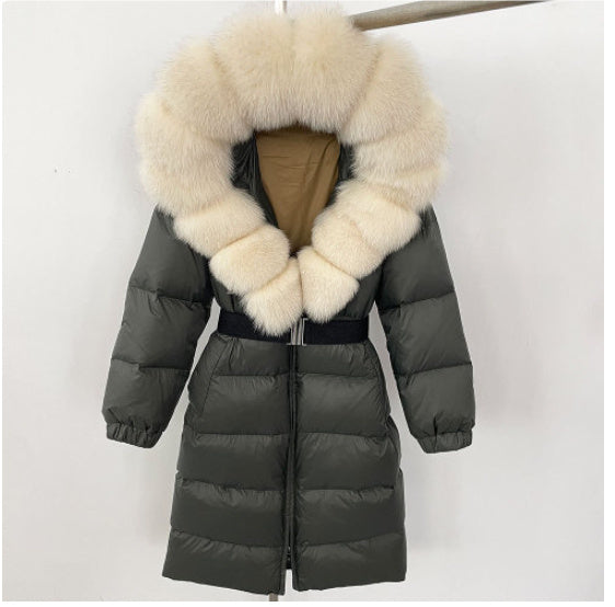 Manteau long à capuche et col en vraie fourrure de renard pour femme