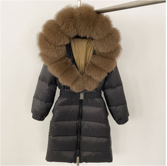 Manteau long à capuche et col en vraie fourrure de renard pour femme