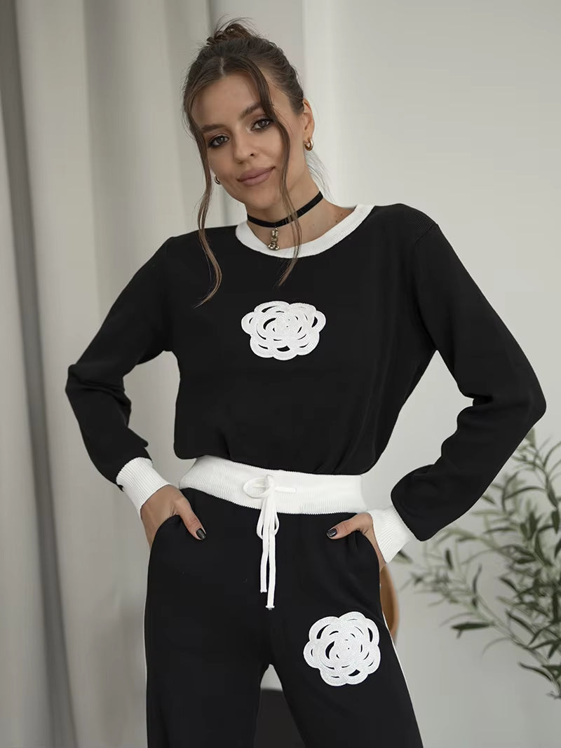 Casual Knitted Two Piece Women Sets Floral Sweater Matching Sets Knit Tracksuit Women Two Piece Set 2 Piece Winter Set for Women