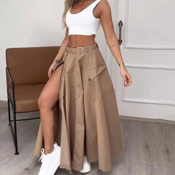 2 Piece Set Women Stylish Solid round Neck Sleeveless High Waist Vest Slim Top Loose with Pockets Zipper Long Skirt Sets