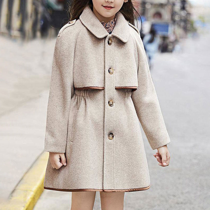 Older Children's Solid Color Woolen Coat, British Fashion Mid-length Coat, Waist Thickened