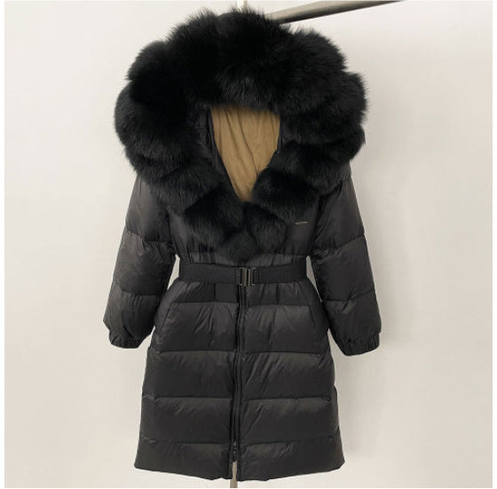 Manteau long à capuche et col en vraie fourrure de renard pour femme