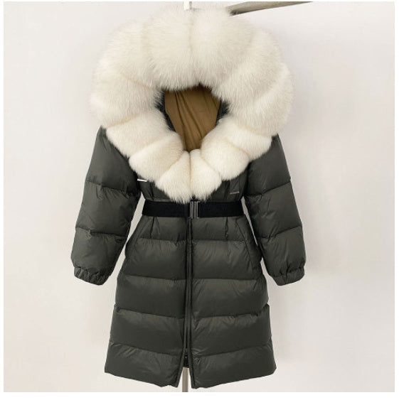 Manteau long à capuche et col en vraie fourrure de renard pour femme