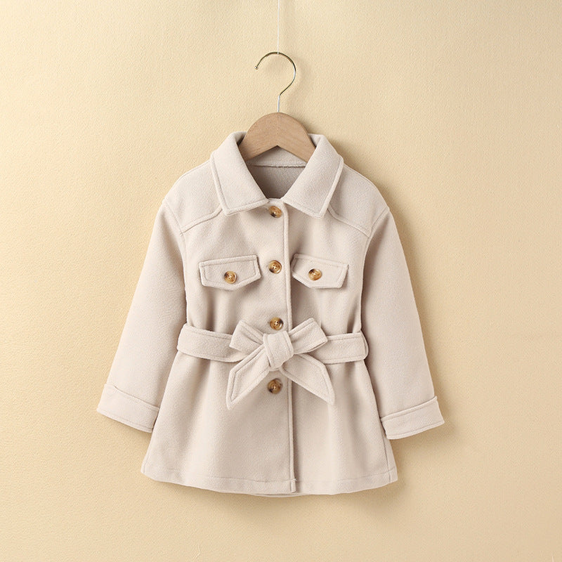 Nouveau manteau décontracté beige à la mode pour filles de style coréen pour l'automne et l'hiver, manteau en laine mi-long élégant et à la mode pour enfants