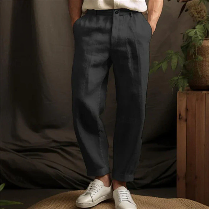 Pantalon droit décontracté en lin de couleur unie pour homme