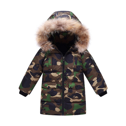 **Kinder Daunenjacke: Camouflage, Abnehmbarer Fellkragen, Dick und Warm**