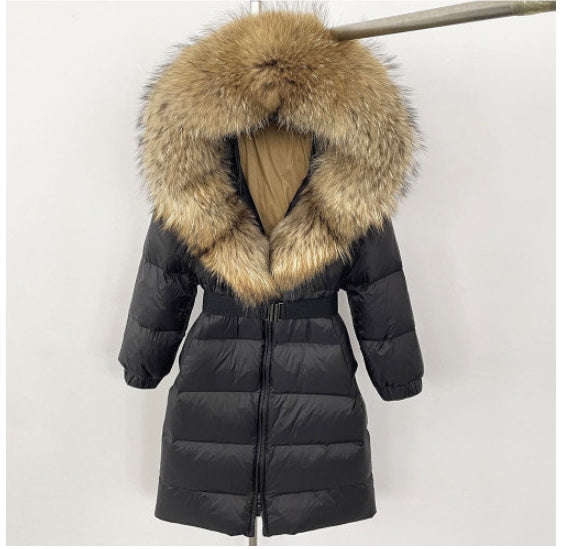 Manteau long à capuche et col en vraie fourrure de renard pour femme