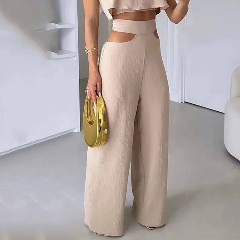 Sets for Women 2 Pieces Summer Fashion Solid Sleeveless Sling Lace up Short Top Loose High Waist Wide Legs Cutout Pants