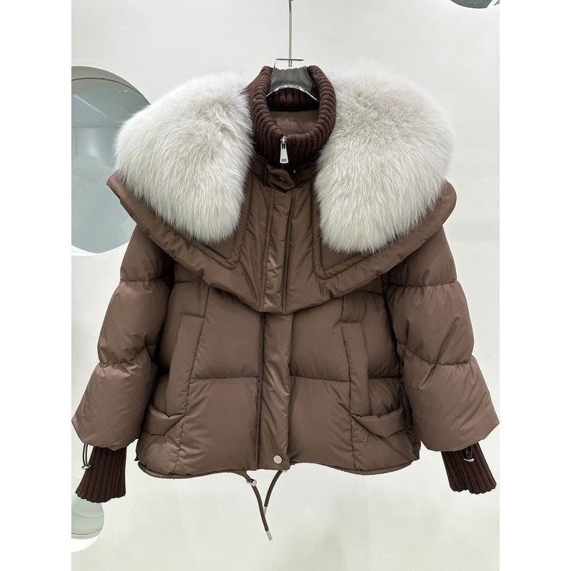 Doudoune courte en duvet de canard blanc avec col en fourrure de renard haut de gamme pour femme, manteau léger de luxe, ample et chaud